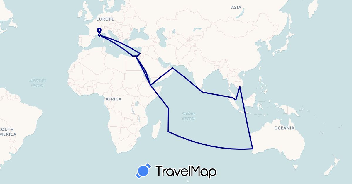 TravelMap itinerary: driving in Australia, Djibouti, Egypt, France, Israel, India, Sri Lanka, Malaysia, Oman, Réunion, Saudi Arabia, Seychelles, Singapore, Vietnam (Africa, Asia, Europe, Oceania)